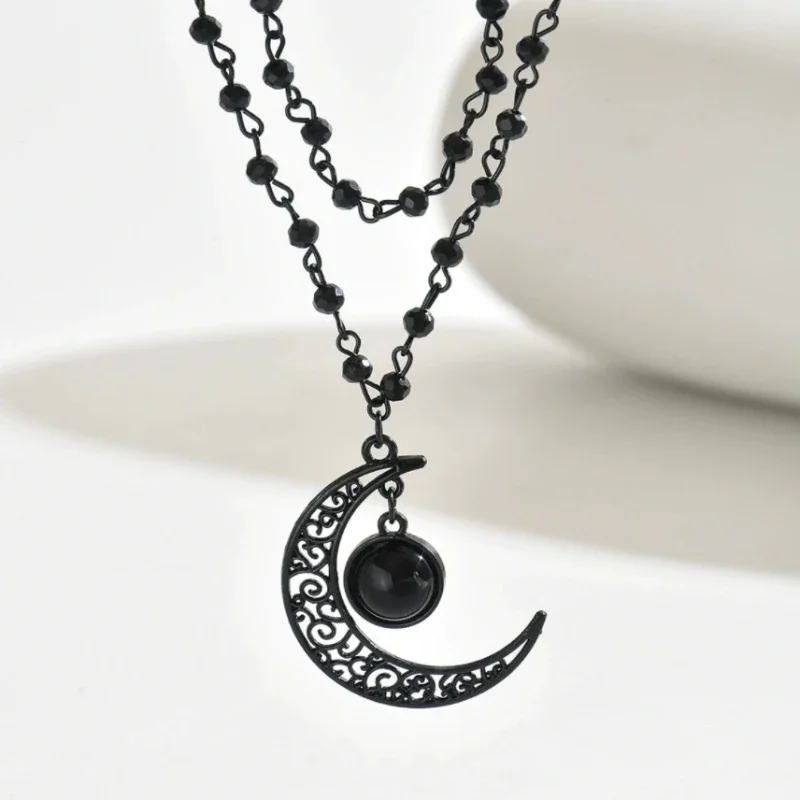 Layered Pendant Necklace Aesthetic - Gothic Layered Crescent Moon Pendant Necklace