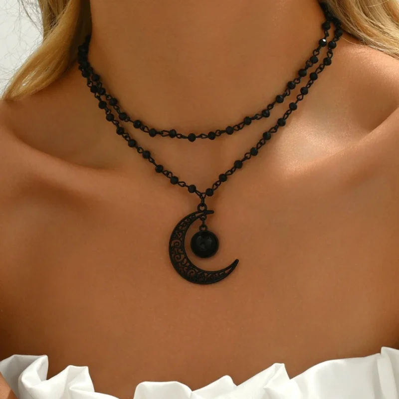 Gothic Layered Crescent Moon P - Layered Pendant Necklace Aesthetic review and price