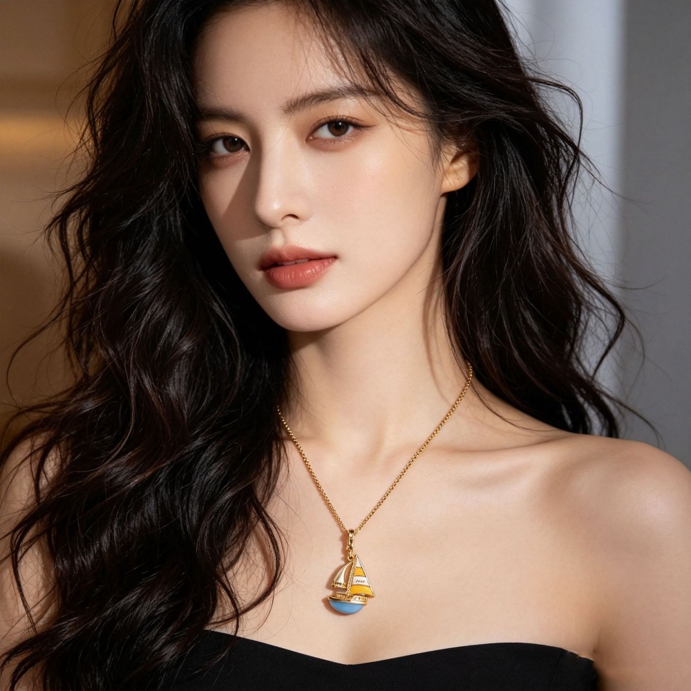 Elegant Enamel Glaze Blue Sail - Initial Letter Necklace 18K Gold review and price